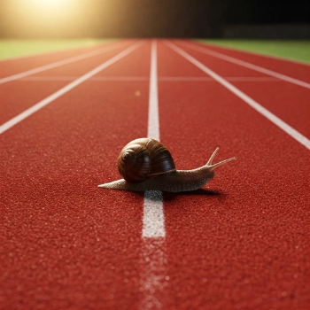 Eine Schnecke kriecht langsam auf einer Sprintstrecke – symbolisiert die Zeitaufwendigkeit und Langsamkeit manueller Tests im Vergleich zu automatisierten.