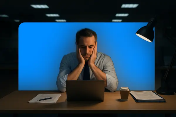 Überlasteter Mitarbeiter im Backoffice mit manueller Büroarbeit – fehlende Workflow-Automatisierung und Prozessautomatisierung im Büro und Backoffice